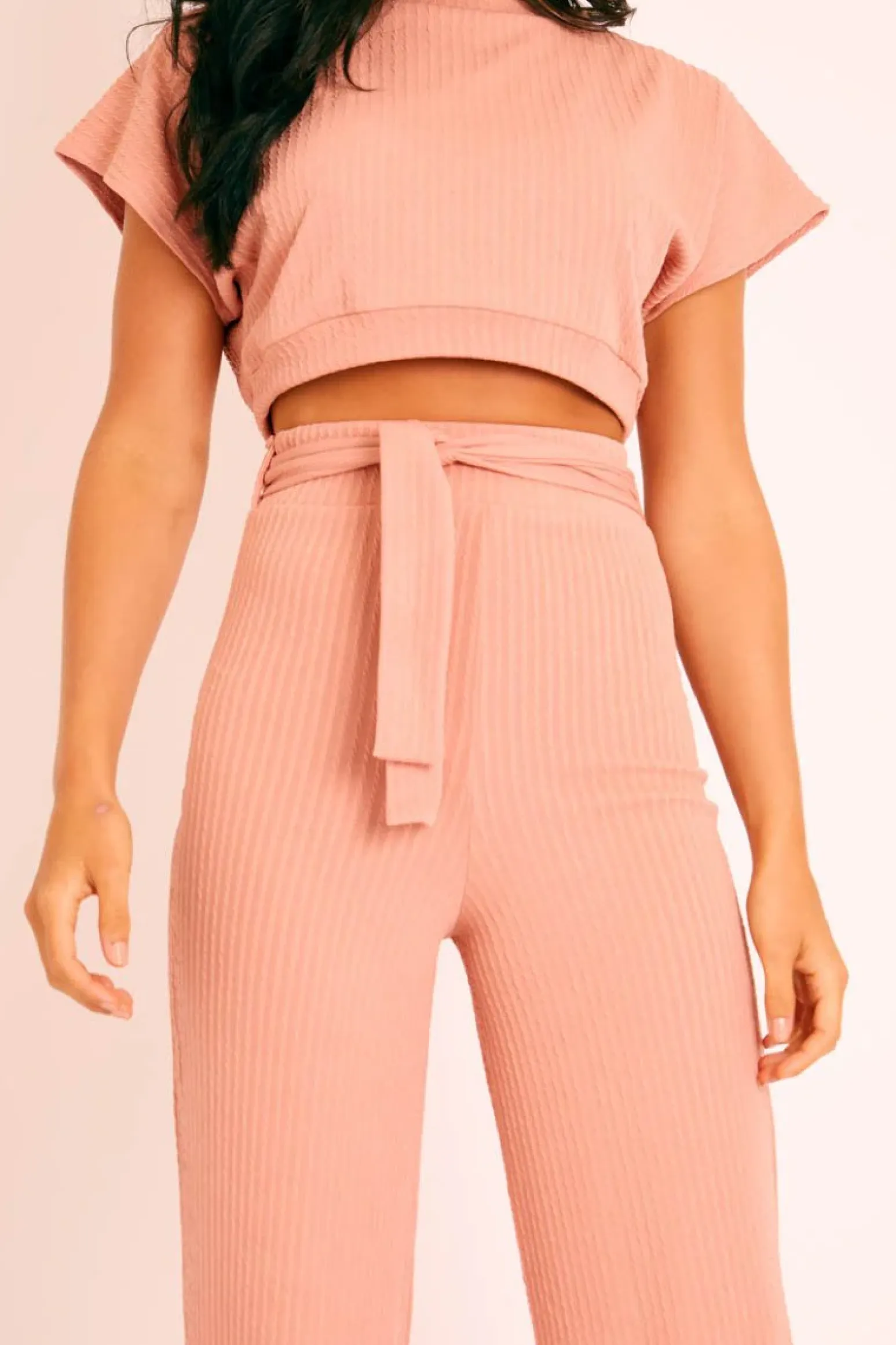 Rebellious Fashion Pink Wide Leg Ribbed Crop Top Loungewear Co-ord - Cesilia