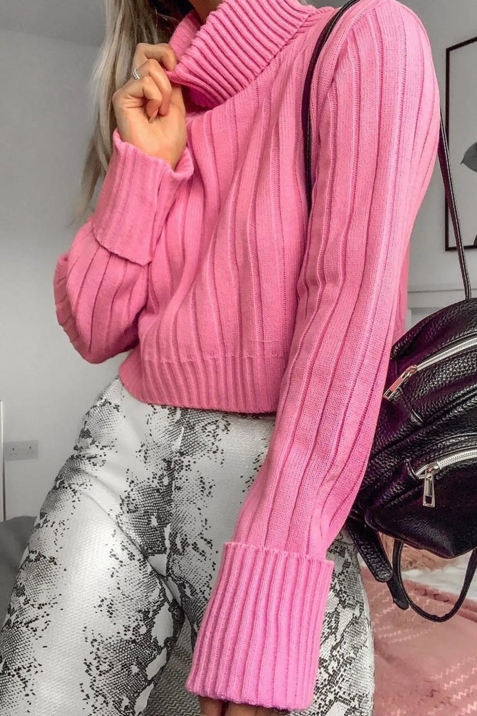 Rebellious Fashion Pink Wide Rib Roll Neck Jumper - Joyanna