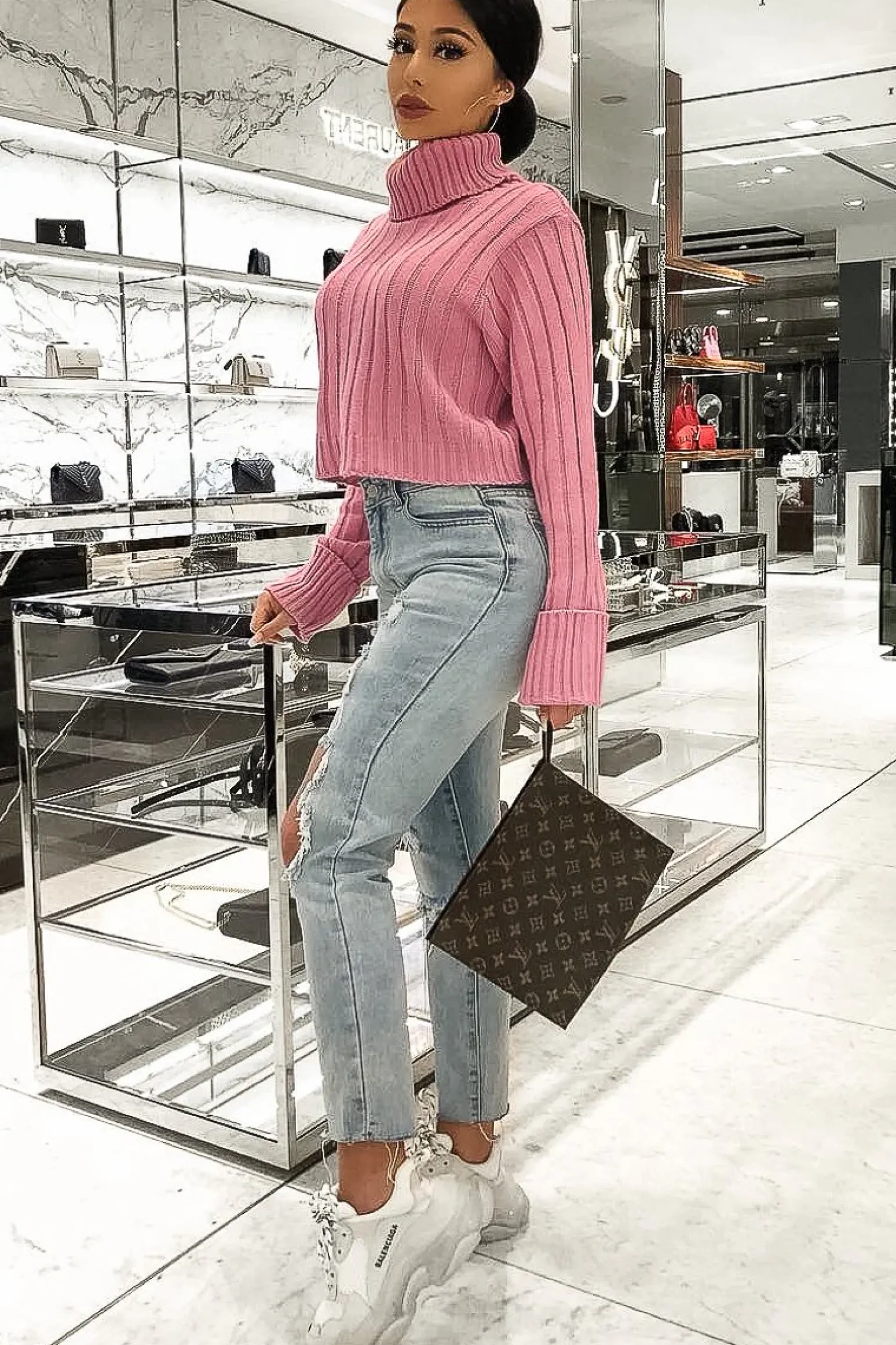 Rebellious Fashion Pink Wide Rib Roll Neck Jumper - Joyanna