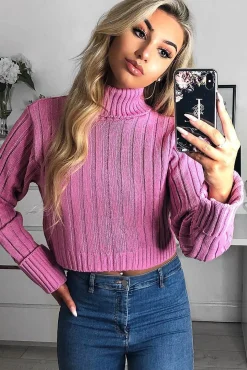 Rebellious Fashion Pink Wide Rib Roll Neck Jumper - Joyanna