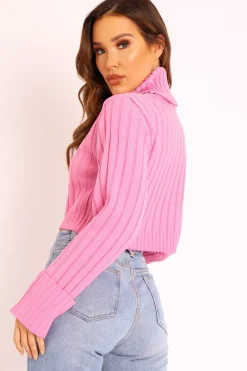Rebellious Fashion Pink Wide Rib Roll Neck Jumper - Joyanna
