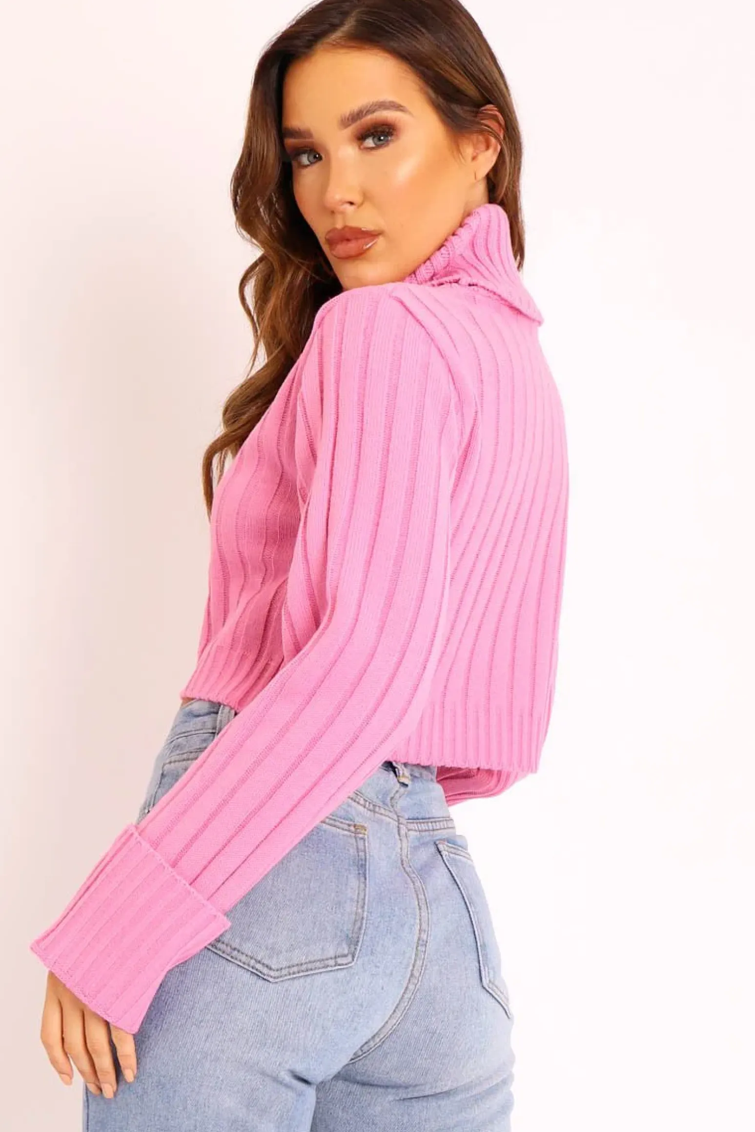 Rebellious Fashion Pink Wide Rib Roll Neck Jumper - Joyanna