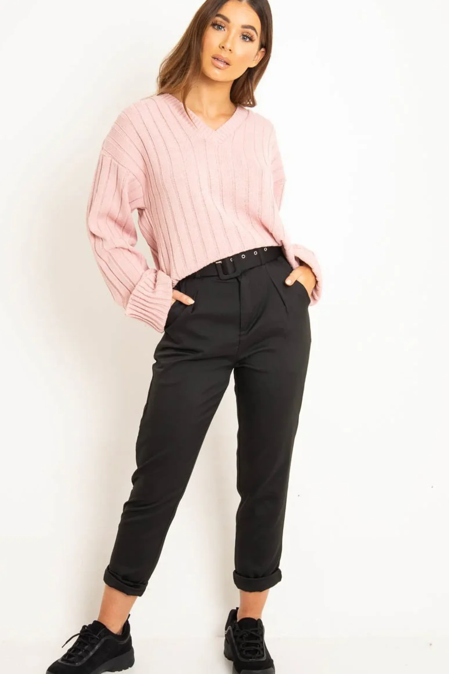 Rebellious Fashion Pink Wide Rib V Neck Jumper - Alinah