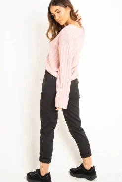 Rebellious Fashion Pink Wide Rib V Neck Jumper - Alinah