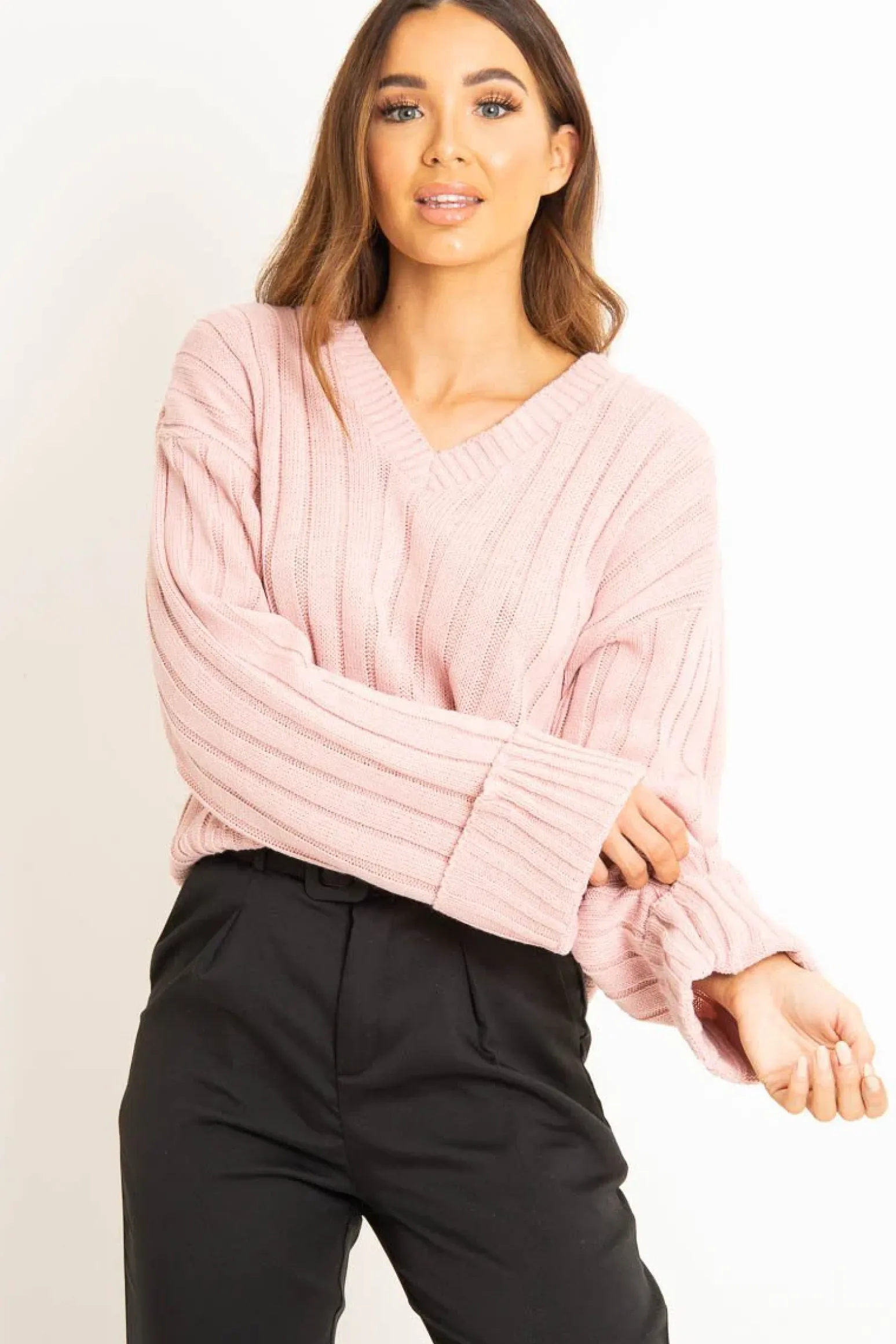 Rebellious Fashion Pink Wide Rib V Neck Jumper - Alinah