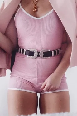 Rebellious Fashion Pink with Contrast Trim Ribbed Playsuit - Raina