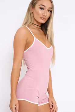 Rebellious Fashion Pink with Contrast Trim Ribbed Playsuit - Raina