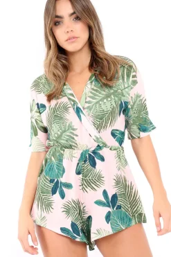 Rebellious Fashion Pink Wrap Palm Leaf Playsuit - Orlena