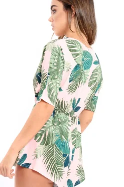 Rebellious Fashion Pink Wrap Palm Leaf Playsuit - Orlena