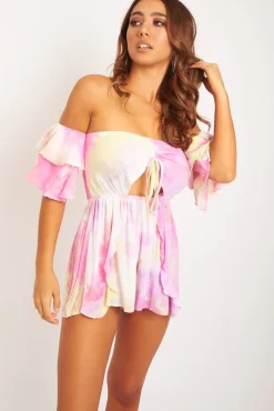 Rebellious Fashion Pink Yellow Tie Dye Frill Detail Cut Out Playsuit - Jaira