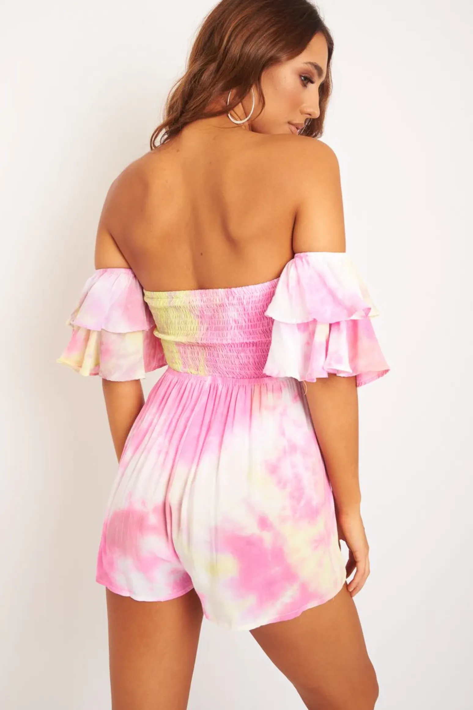 Rebellious Fashion Pink Yellow Tie Dye Frill Detail Cut Out Playsuit - Jaira