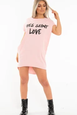 Rebellious Fashion Pink Yves Saint Love Printed Slogan T-Shirt Dress - Jamey
