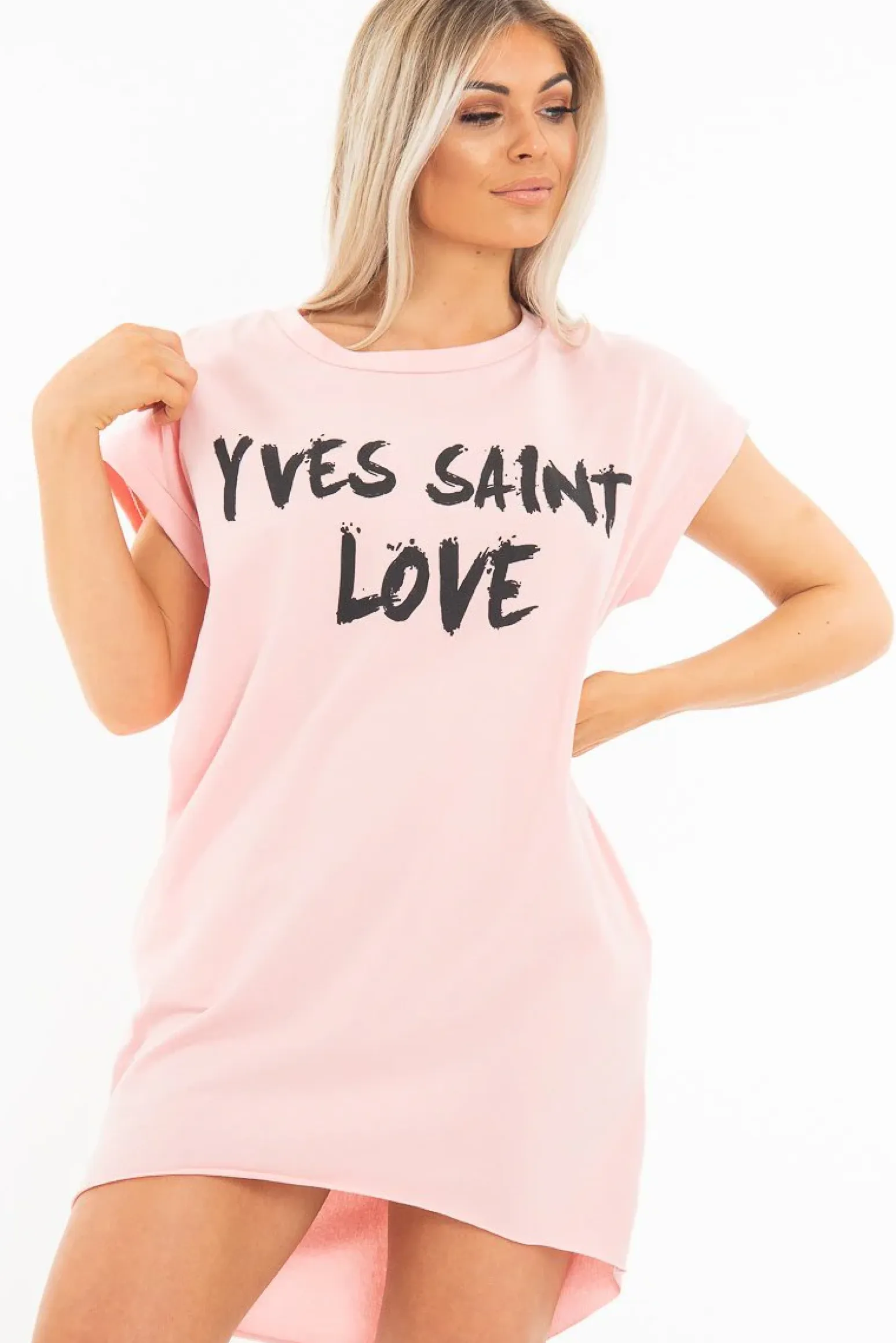 Rebellious Fashion Pink Yves Saint Love Printed Slogan T-Shirt Dress - Jamey