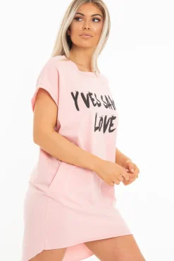 Rebellious Fashion Pink Yves Saint Love Printed Slogan T-Shirt Dress - Jamey