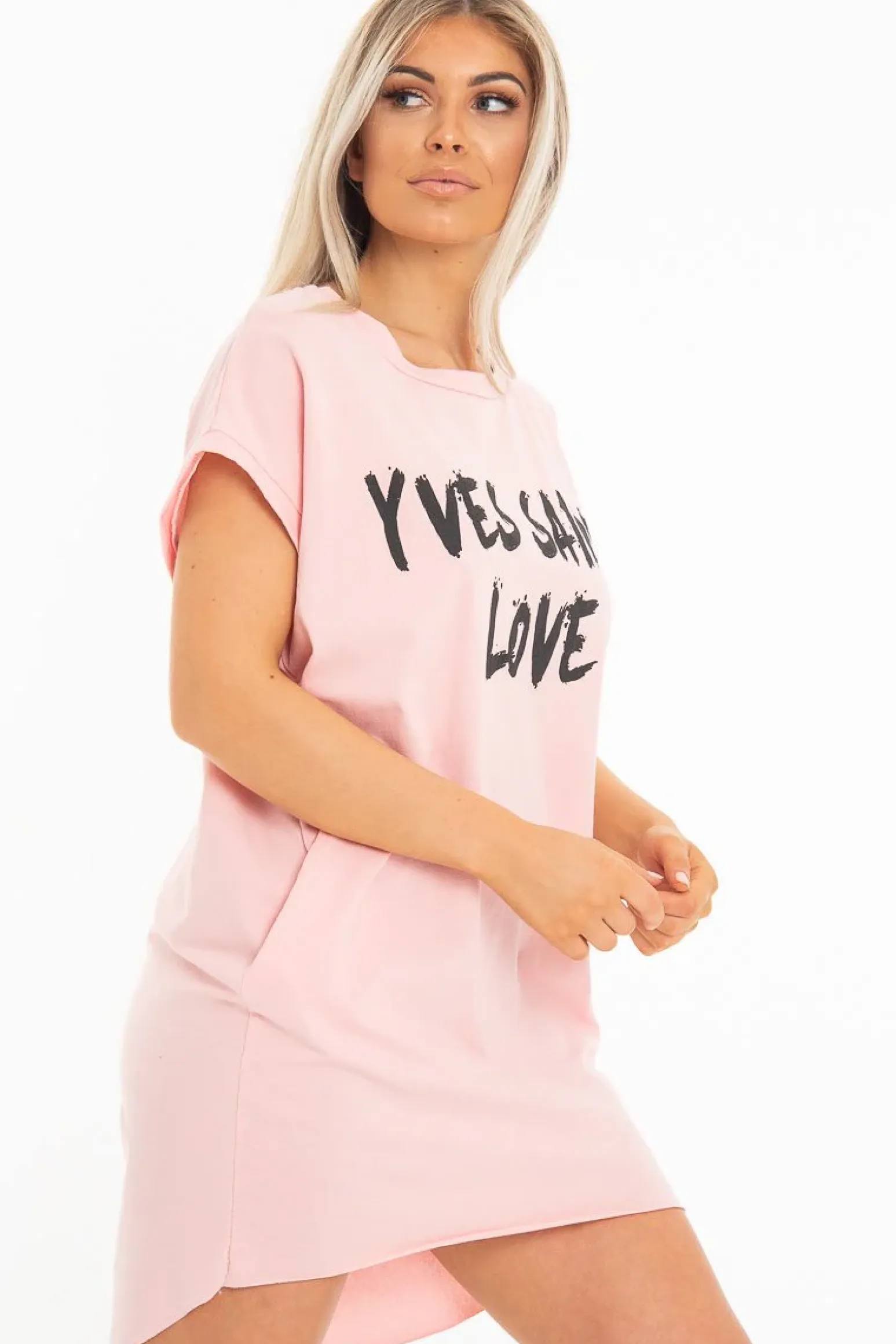 Rebellious Fashion Pink Yves Saint Love Printed Slogan T-Shirt Dress - Jamey