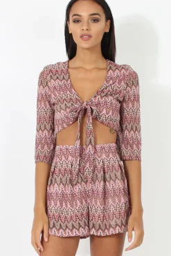 Rebellious Fashion Pink Zig Zag Crochet Tie Front Co-ord - Adele