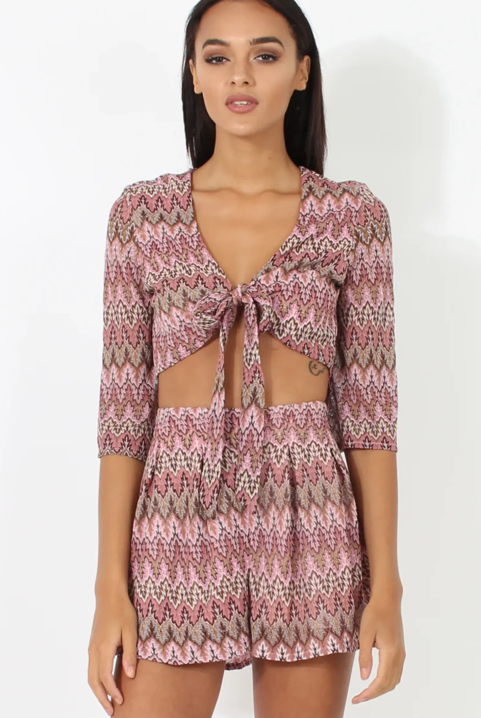 Rebellious Fashion Pink Zig Zag Crochet Tie Front Co-ord - Adele