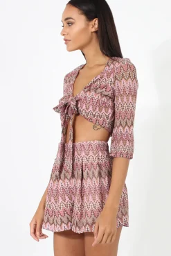 Rebellious Fashion Pink Zig Zag Crochet Tie Front Co-ord - Adele