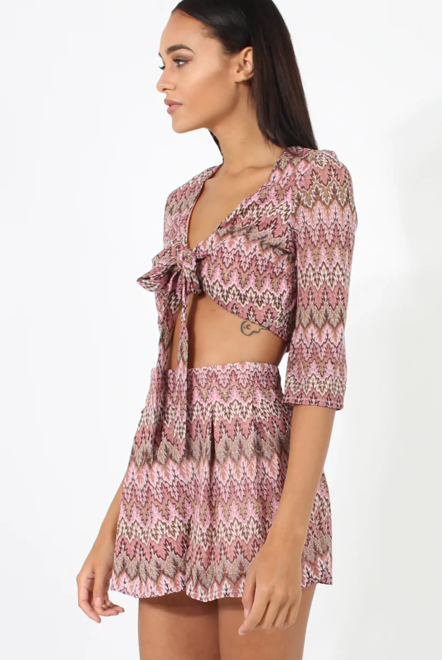 Rebellious Fashion Pink Zig Zag Crochet Tie Front Co-ord - Adele