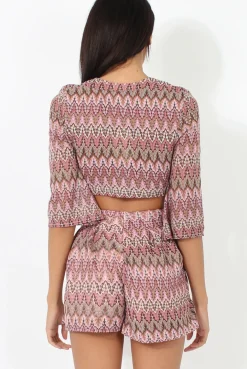 Rebellious Fashion Pink Zig Zag Crochet Tie Front Co-ord - Adele