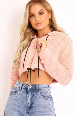 Rebellious Fashion Pink 3/4 Zip Cropped Teddy Jumper - Ethelyn