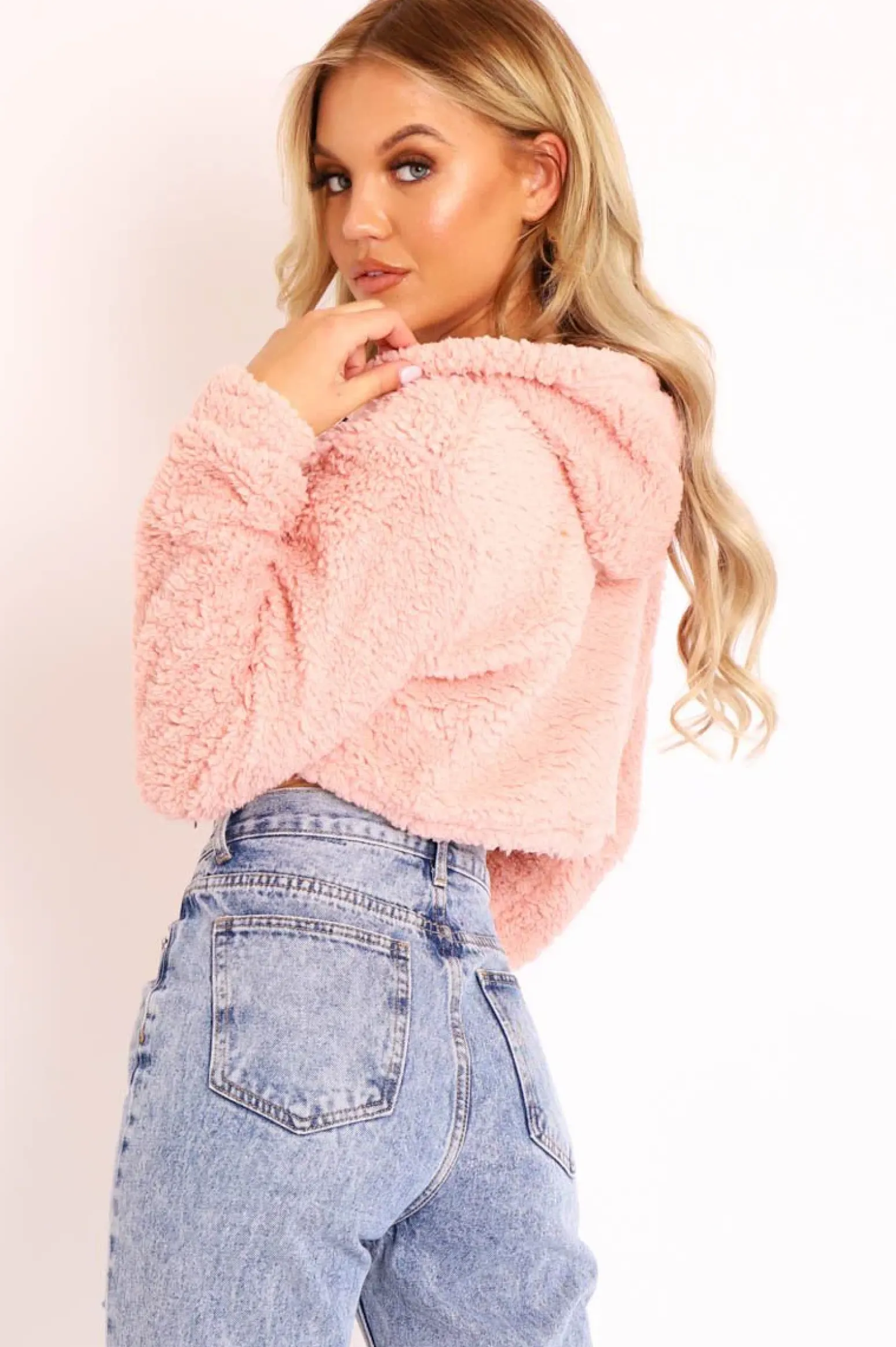 Rebellious Fashion Pink 3/4 Zip Cropped Teddy Jumper - Ethelyn