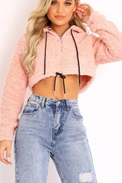 Rebellious Fashion Pink 3/4 Zip Cropped Teddy Jumper - Ethelyn