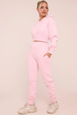 Rebellious Fashion Pink Zip Front Elasticated Detail Loungewear Co-ord Set - Carmel