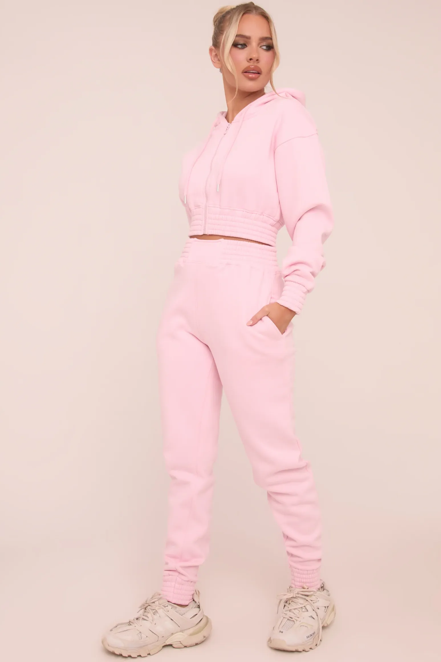 Rebellious Fashion Pink Zip Front Elasticated Detail Loungewear Co-ord Set - Carmel