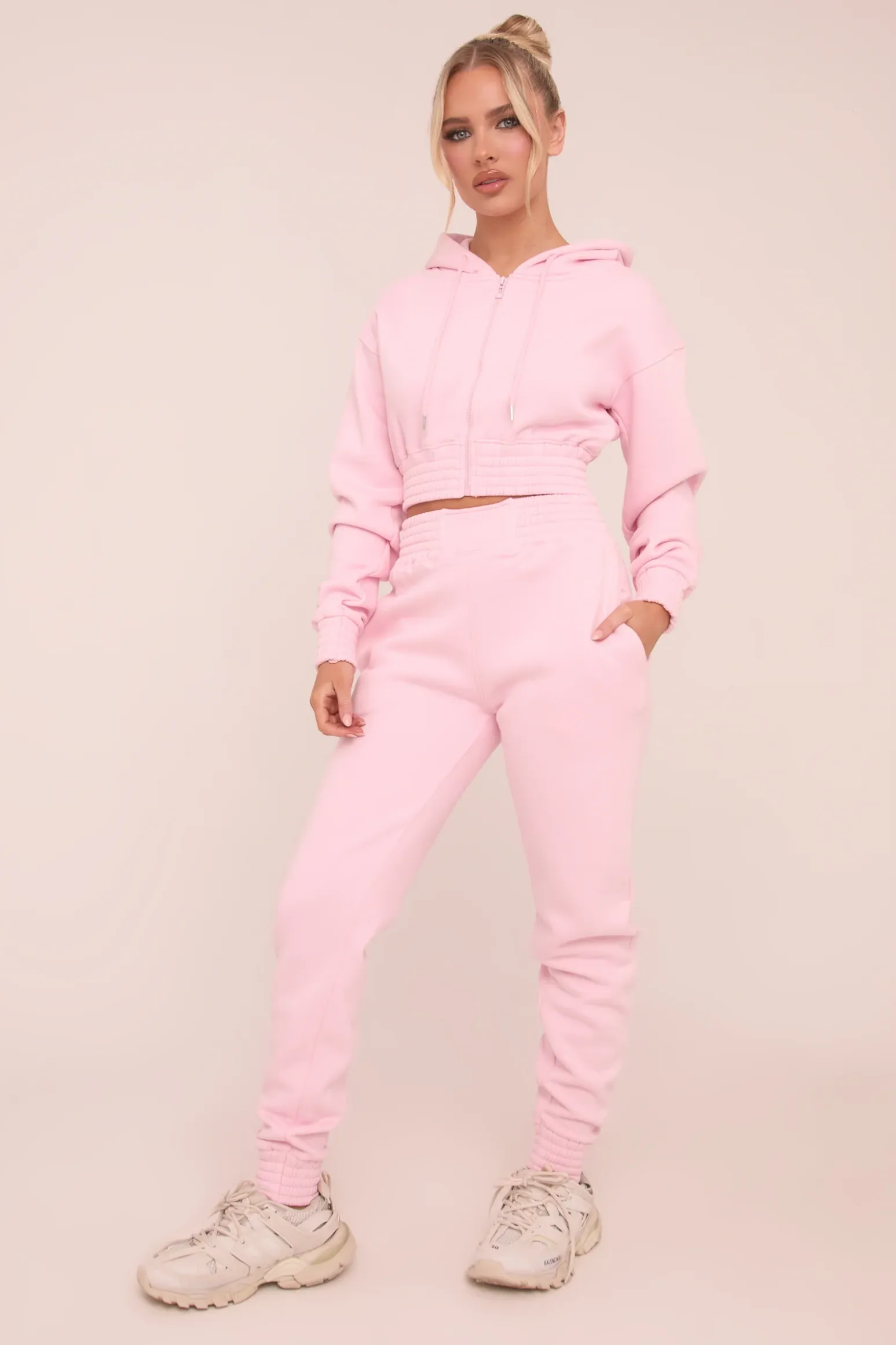 Rebellious Fashion Pink Zip Front Elasticated Detail Loungewear Co-ord Set - Carmel