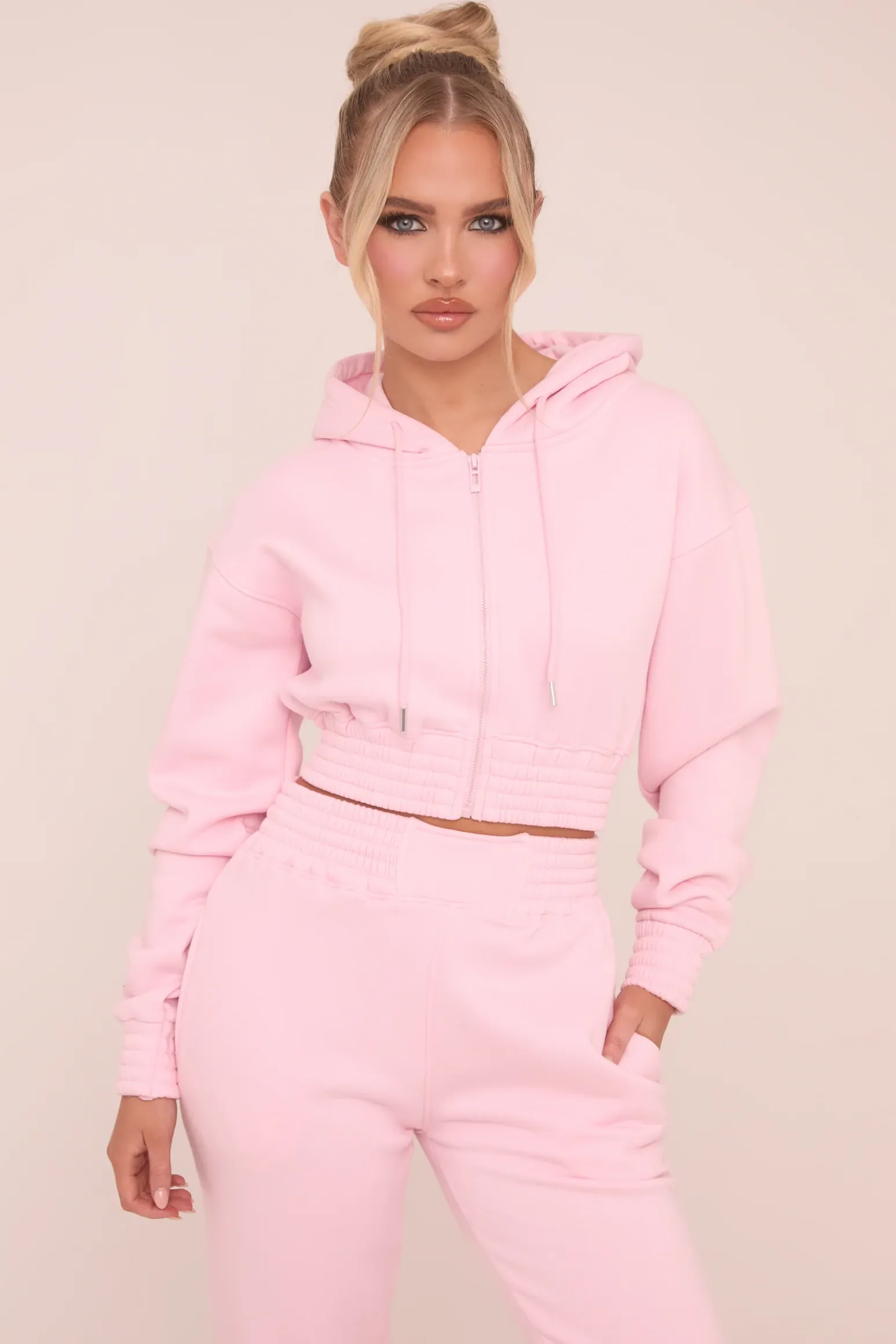 Rebellious Fashion Pink Zip Front Elasticated Detail Loungewear Co-ord Set - Carmel