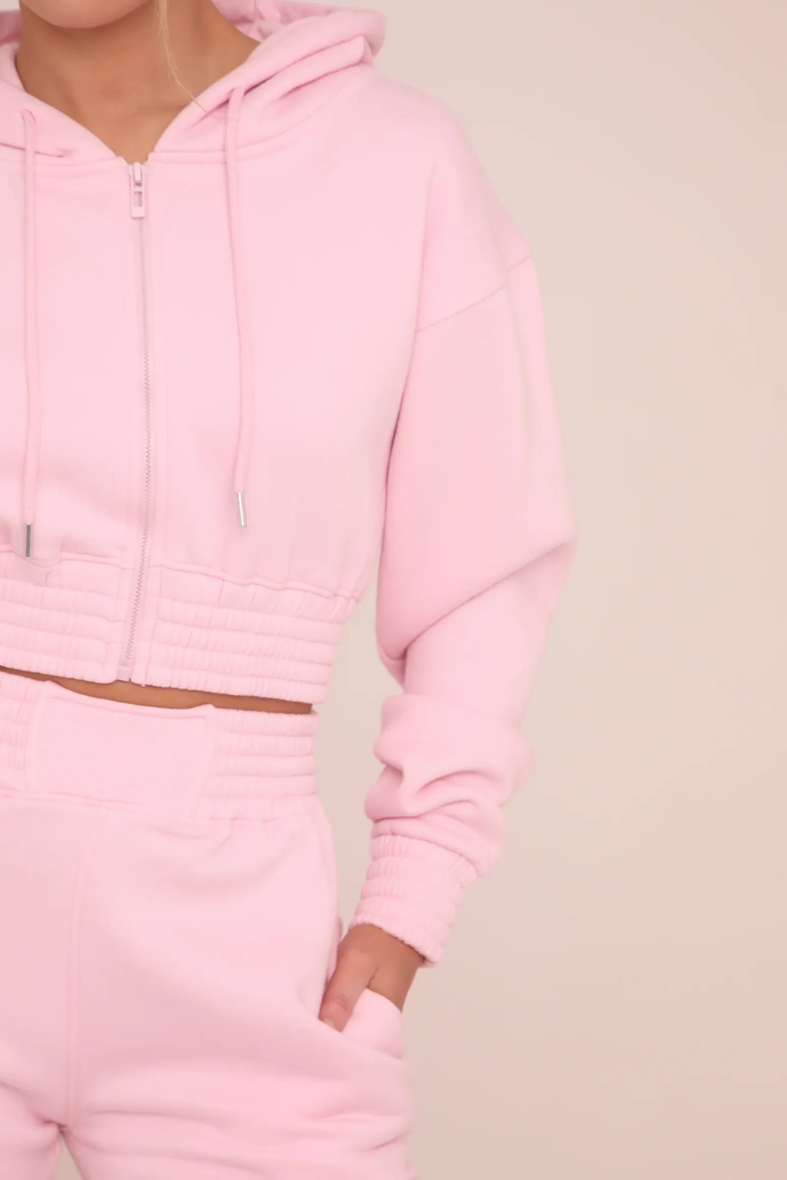 Rebellious Fashion Pink Zip Front Elasticated Detail Loungewear Co-ord Set - Carmel