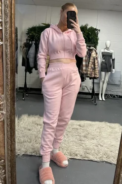 Rebellious Fashion Pink Zip Front Elasticated Detail Loungewear Co-ord Set - Carmel