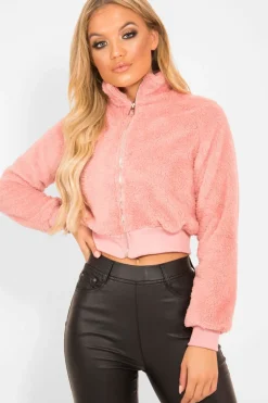 Rebellious Fashion Pink Zip Front Faux Fur Crop Jacket - Perri