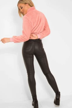 Rebellious Fashion Pink Zip Front Faux Fur Crop Jacket - Perri