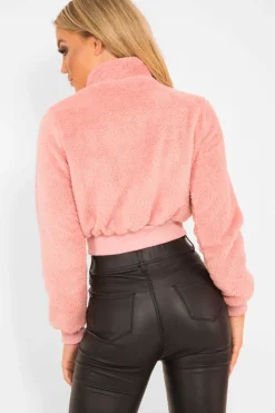 Rebellious Fashion Pink Zip Front Faux Fur Crop Jacket - Perri