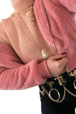 Rebellious Fashion Pink Zip Front Faux Fur Crop Jacket - Perri