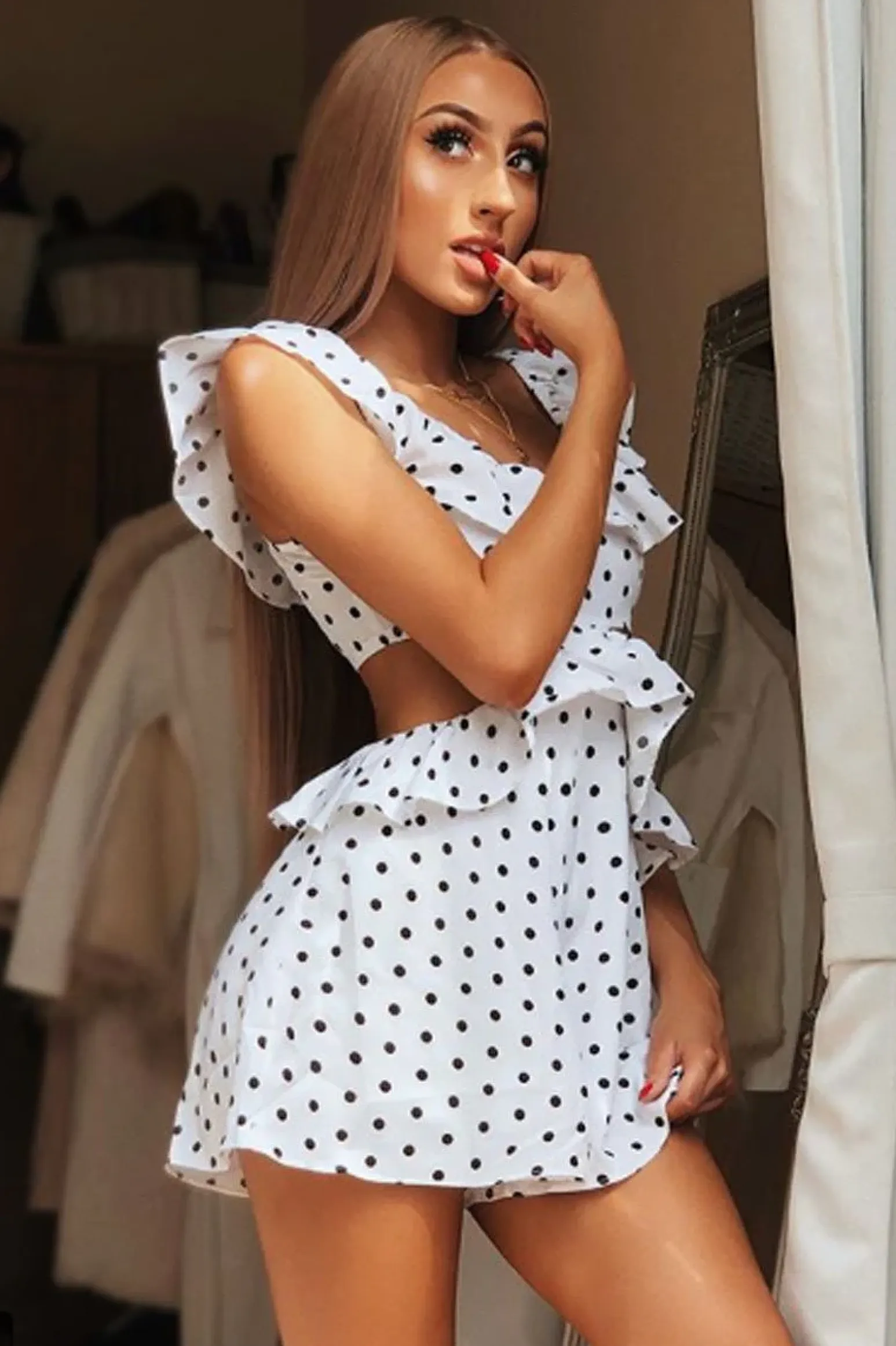 Rebellious Fashion Polka Dot Frill Cut Out Playsuit - Karris