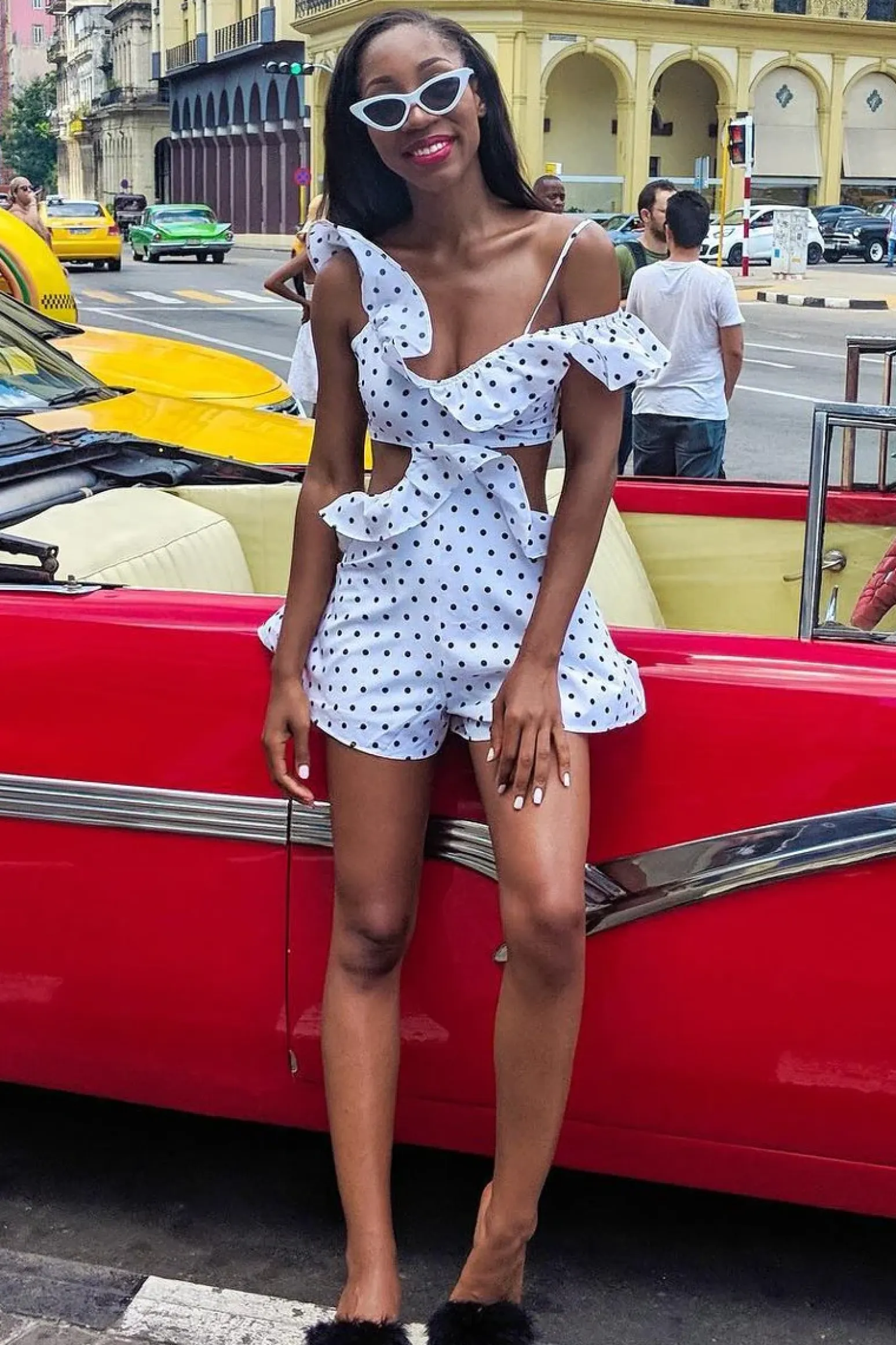 Rebellious Fashion Polka Dot Frill Cut Out Playsuit - Karris