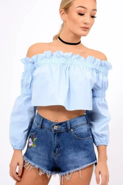 Rebellious Fashion Powder Blue Frill Scrunch Crop Top - Monroe
