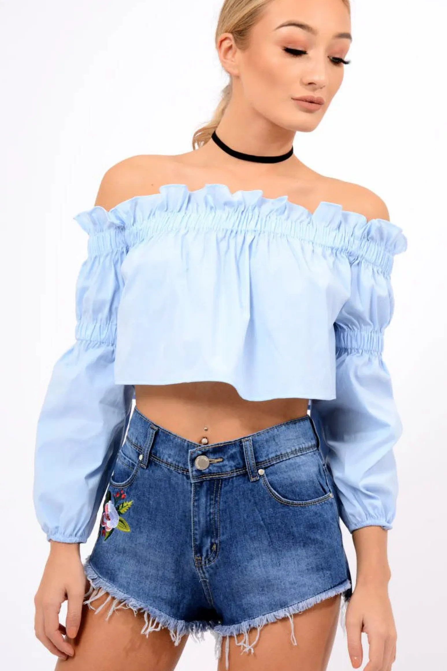 Rebellious Fashion Powder Blue Frill Scrunch Crop Top - Monroe