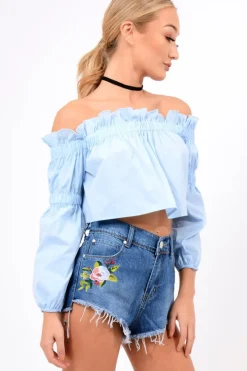Rebellious Fashion Powder Blue Frill Scrunch Crop Top - Monroe