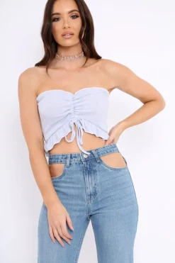 Rebellious Fashion Powder Blue Gathered Middle Bandeau Crop Top - Darlah