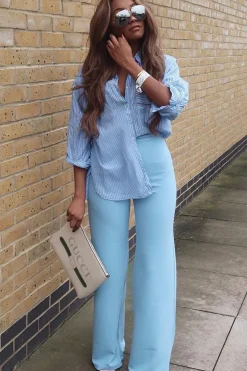Rebellious Fashion Powder Blue High Waist Flare Trousers -Tisha