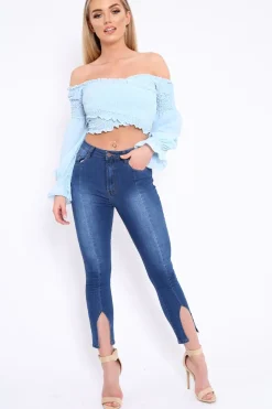 Rebellious Fashion Powder Blue Shirred Wrap Over Bardot Crop Top - Zuri