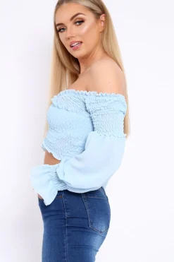 Rebellious Fashion Powder Blue Shirred Wrap Over Bardot Crop Top - Zuri