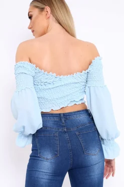 Rebellious Fashion Powder Blue Shirred Wrap Over Bardot Crop Top - Zuri