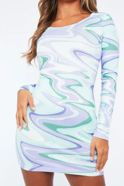 Rebellious Fashion Purple Abstract Slinky Long Sleeve Bodycon Mini Dress - Levie