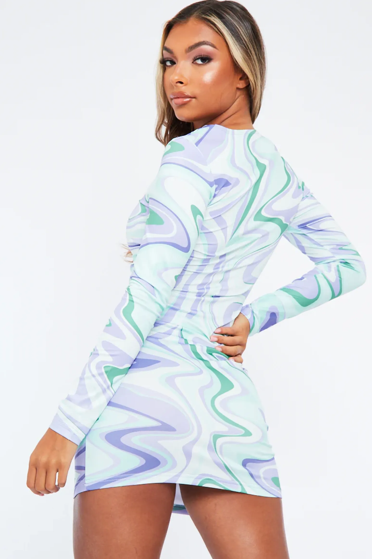 Rebellious Fashion Purple Abstract Slinky Long Sleeve Bodycon Mini Dress - Levie