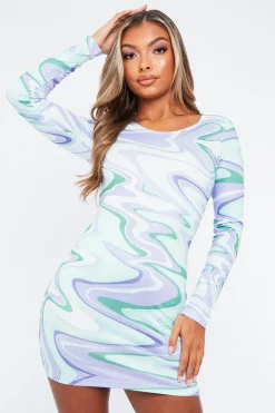 Rebellious Fashion Purple Abstract Slinky Long Sleeve Bodycon Mini Dress - Levie